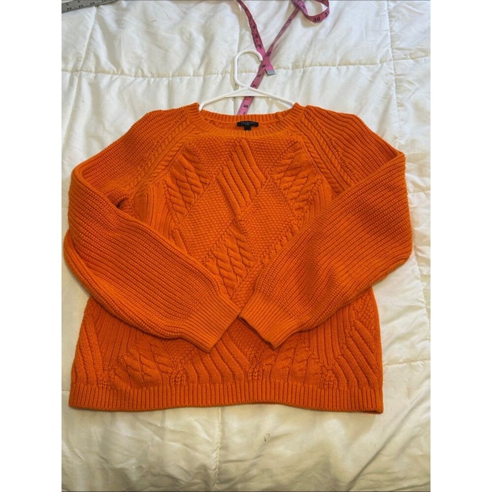 Talbots Chunky Cable Knit Sweater Womens Medium Petite Fall Puff Sleeve Orange - Picture 2 of 9